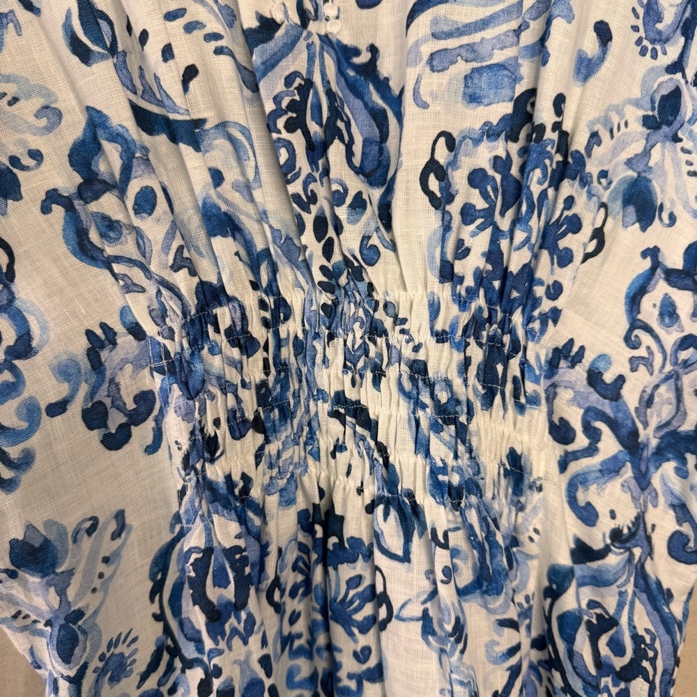 Sara Campbell Blue White Linen Kaftan Dress | Small | Coastal Resort - Picture 5 of 14